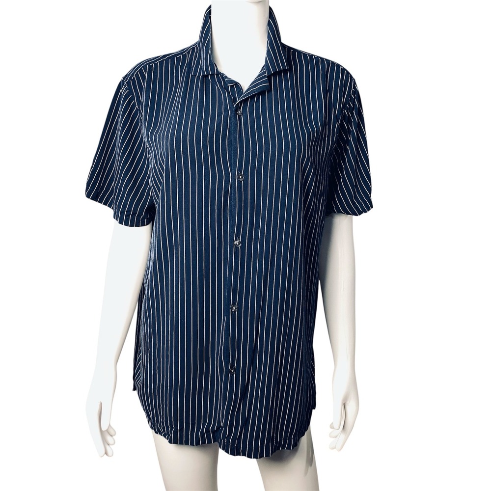 Abercrombie & Fitch Mens Navy Blue Pinstripe Viscose Short Sleeve Shirt Large